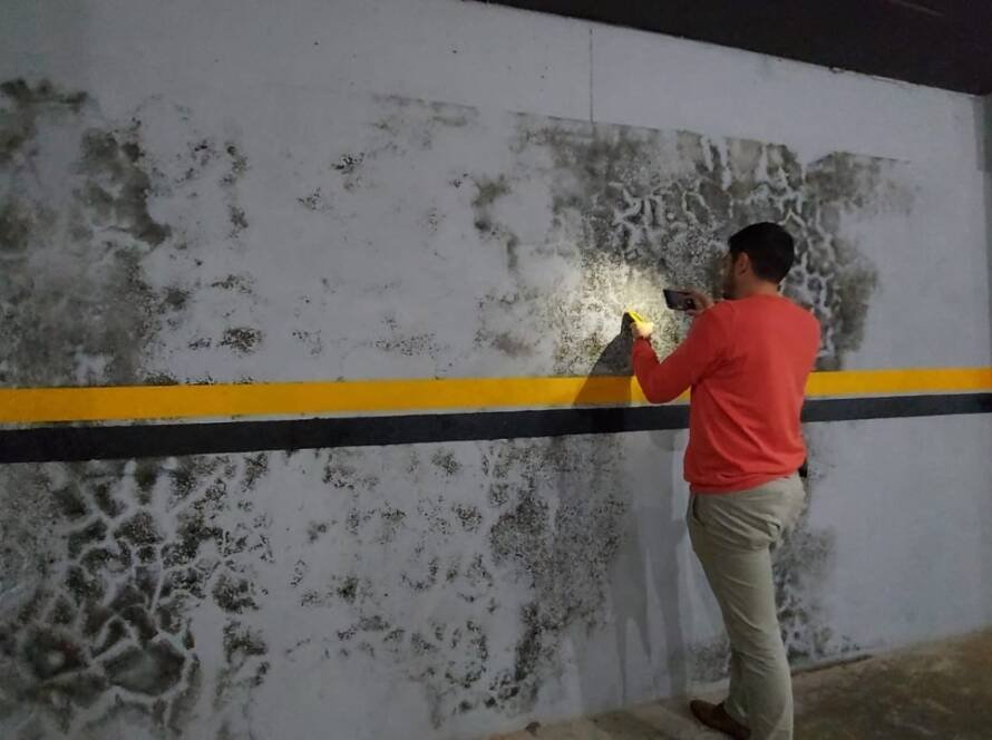 Engenheiro realizando diagnóstico técnico para investigação de infiltração em edifício